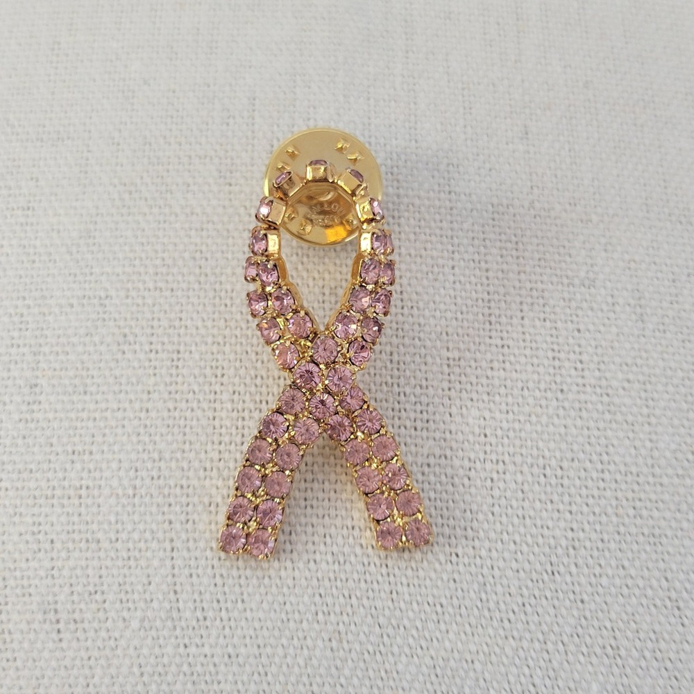 Breast Cancer Awareness Sparkling Pink Ribbon Lapel Pin Faux Jewels Large Size